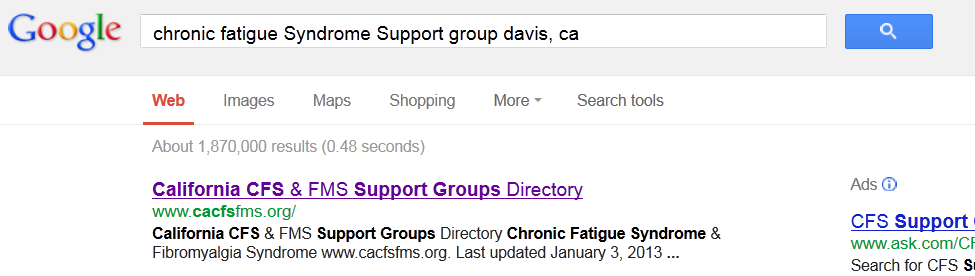 sccenshot of search results for local support group